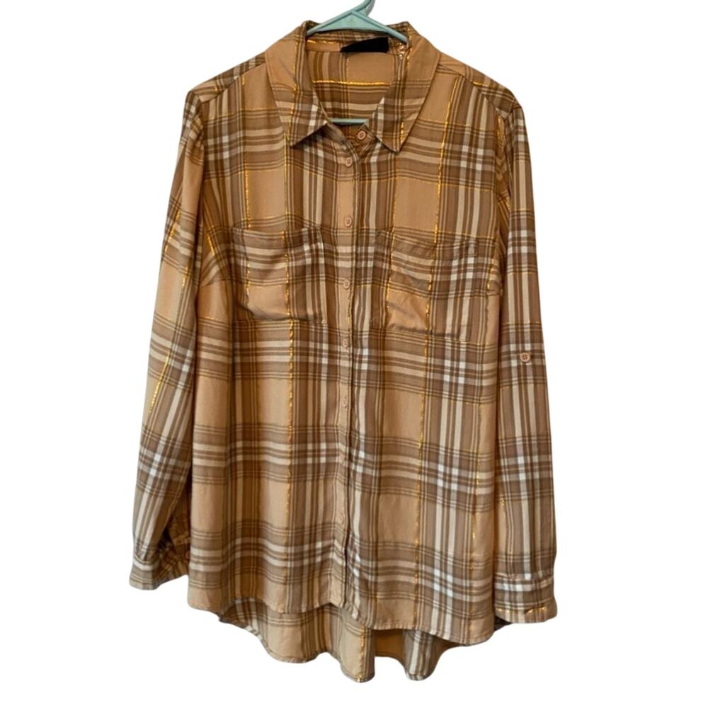 NWT Lane Bryant Women's 14/16 No Peek Gold Metallic Plaid Flannel Button Shirt